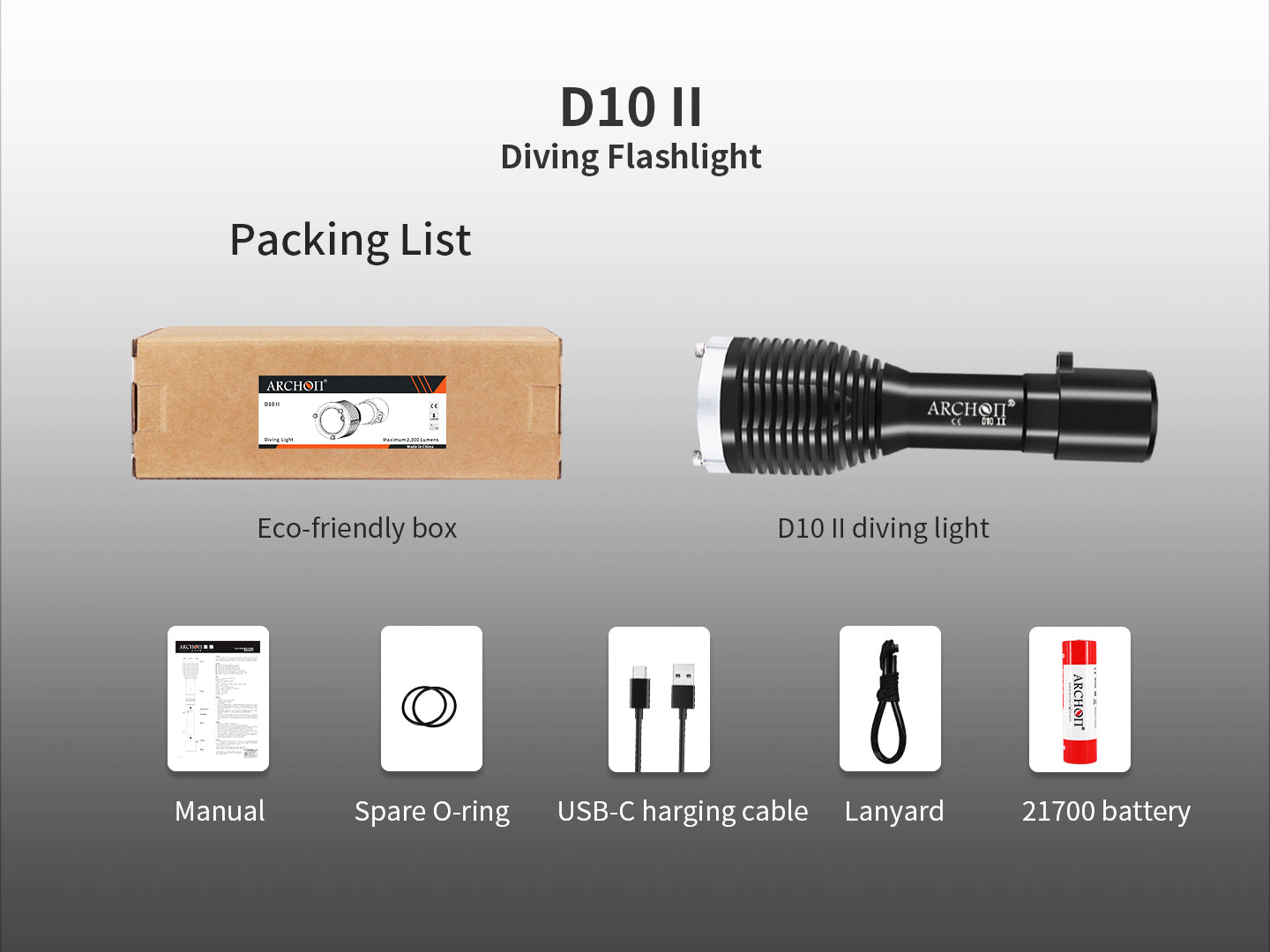 Archon D10 II Diving Flashlight | Rotary Tailcap Switch- 2,000 LM