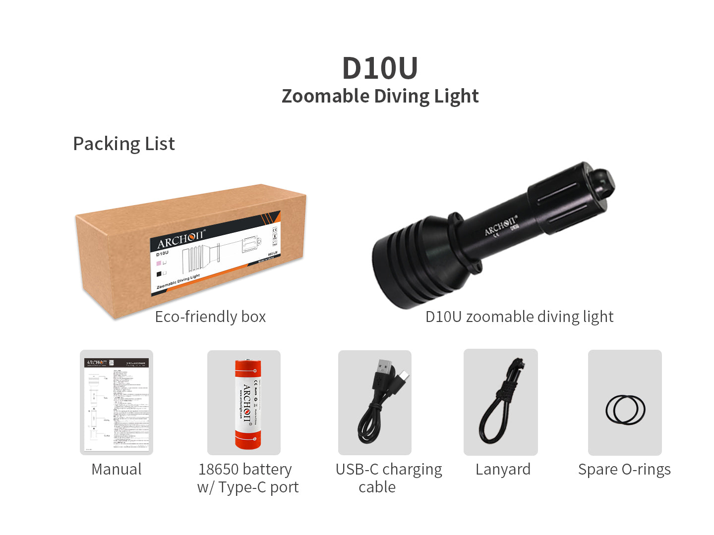 Archon D10U Zoomable Diving Light - 860 LM