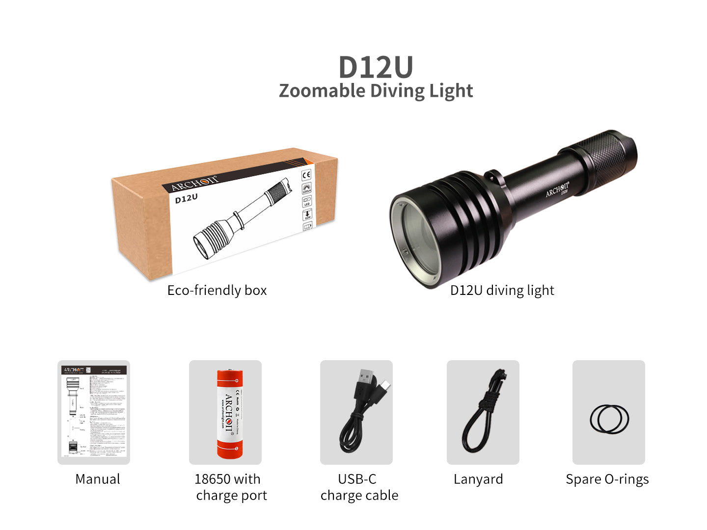 Archon D12U Zoomable Diving | White, Red & Blue Lights - 1,200 LM