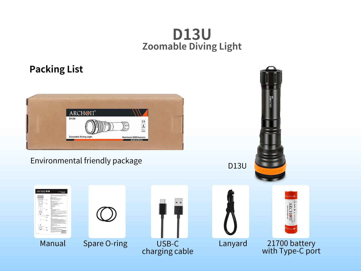 Archon D13U Zoomable Diving Light – 2,000 LM