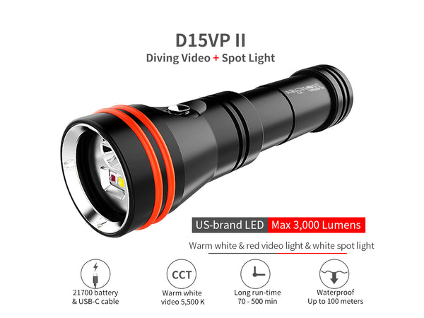 Archon D15VP II Diving Video & Spot Light | White and Red Lights - 3,000 LM