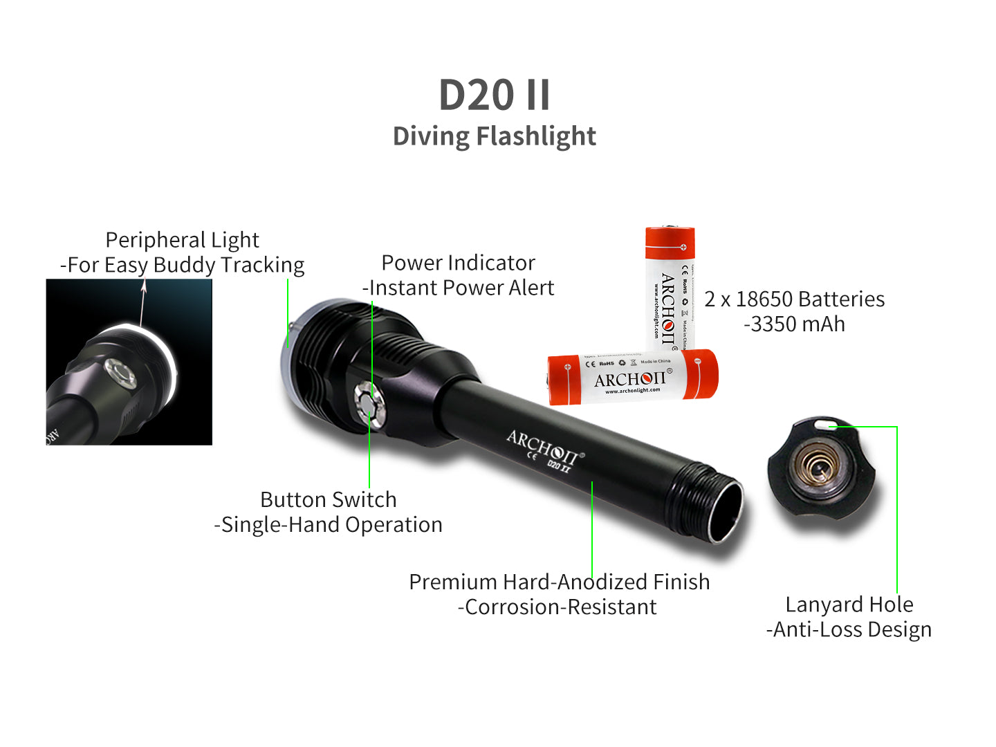 Archon D20 II Diving Flashlight | Powered by 2x 18650 - 1,200 LM