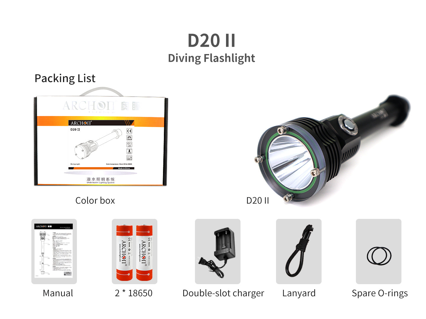 Archon D20 II Diving Flashlight | Powered by 2x 18650 - 1,200 LM