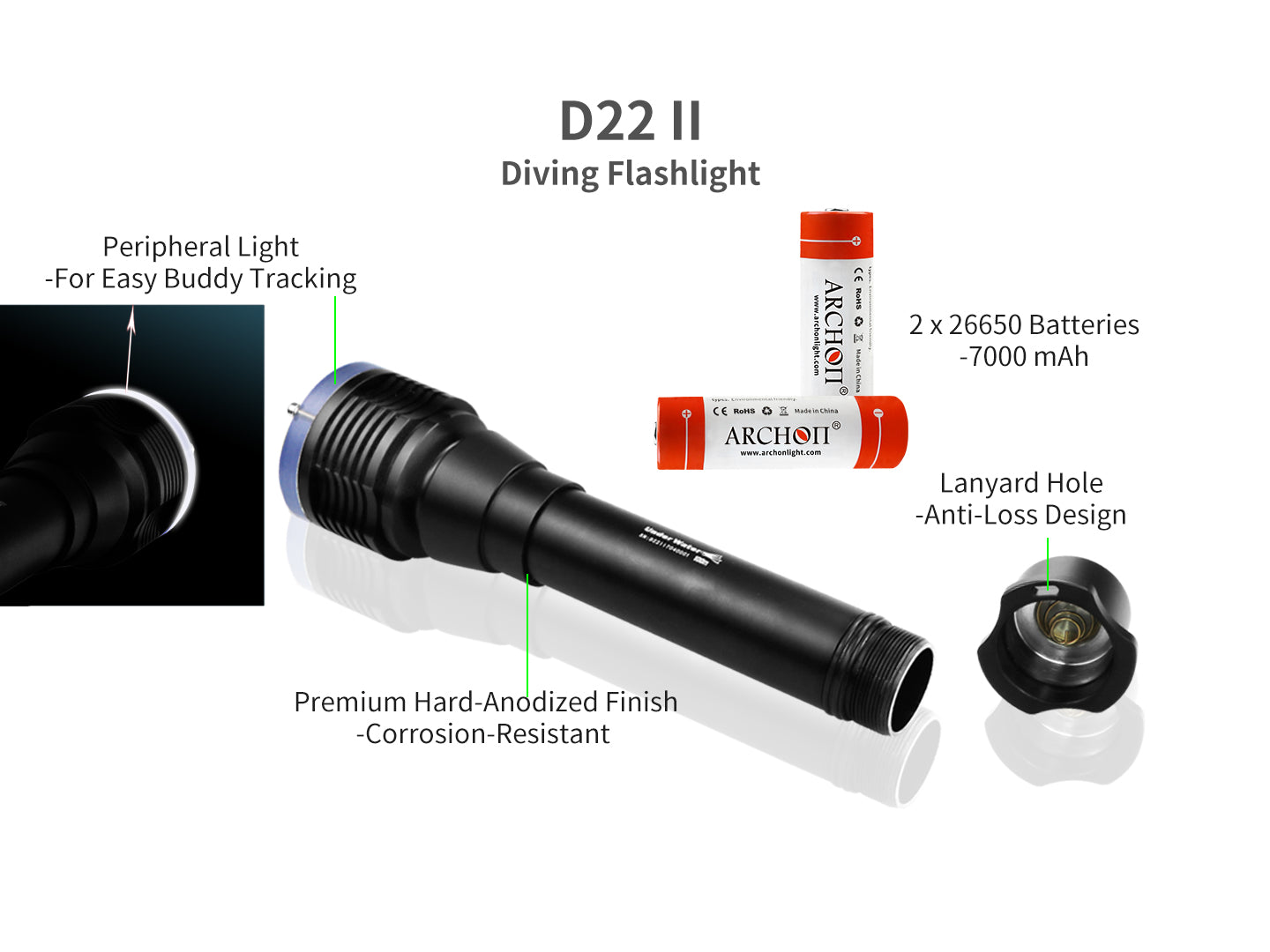 Archon D22 II Diving Flashlight | Powered by 2x 26650 - 1,200 LM