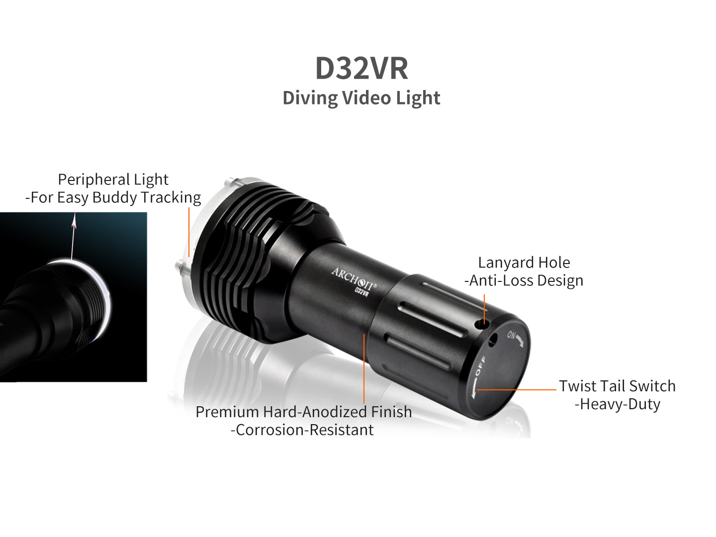 Archon D32VR Diving Video Light | White & Red Lights - 1,400 LM