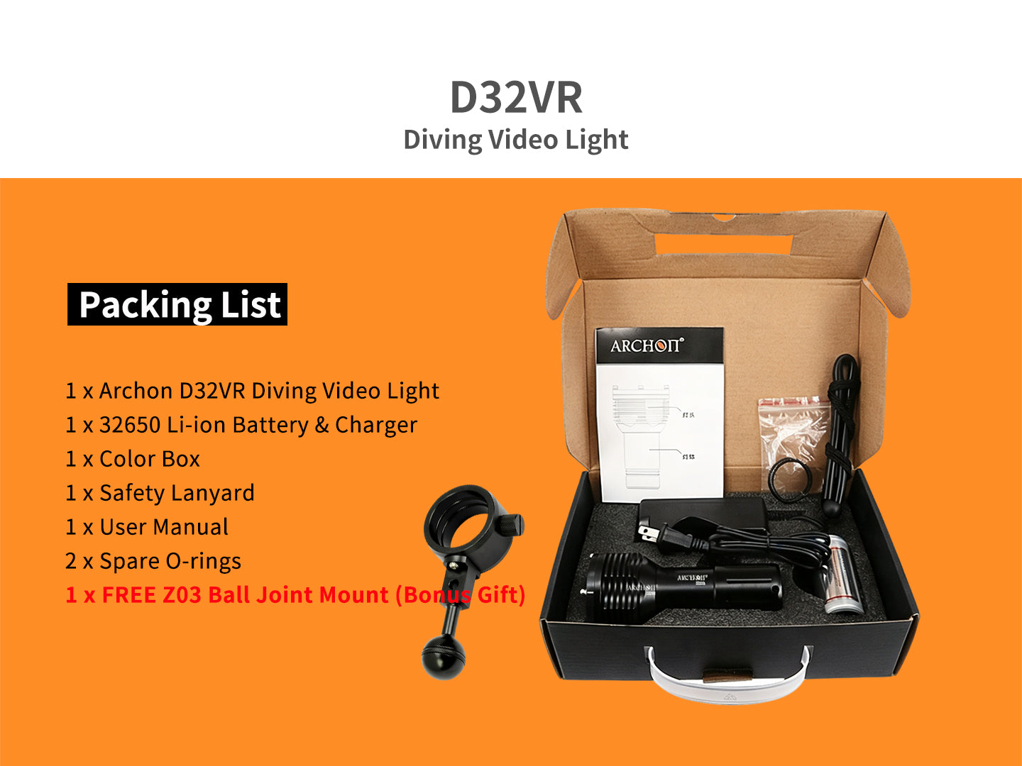 Archon D32VR Diving Video Light | White & Red Lights - 1,400 LM
