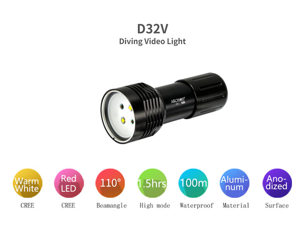 Archon D32V Diving Video Light | White & Red Lights - 1,400 LM