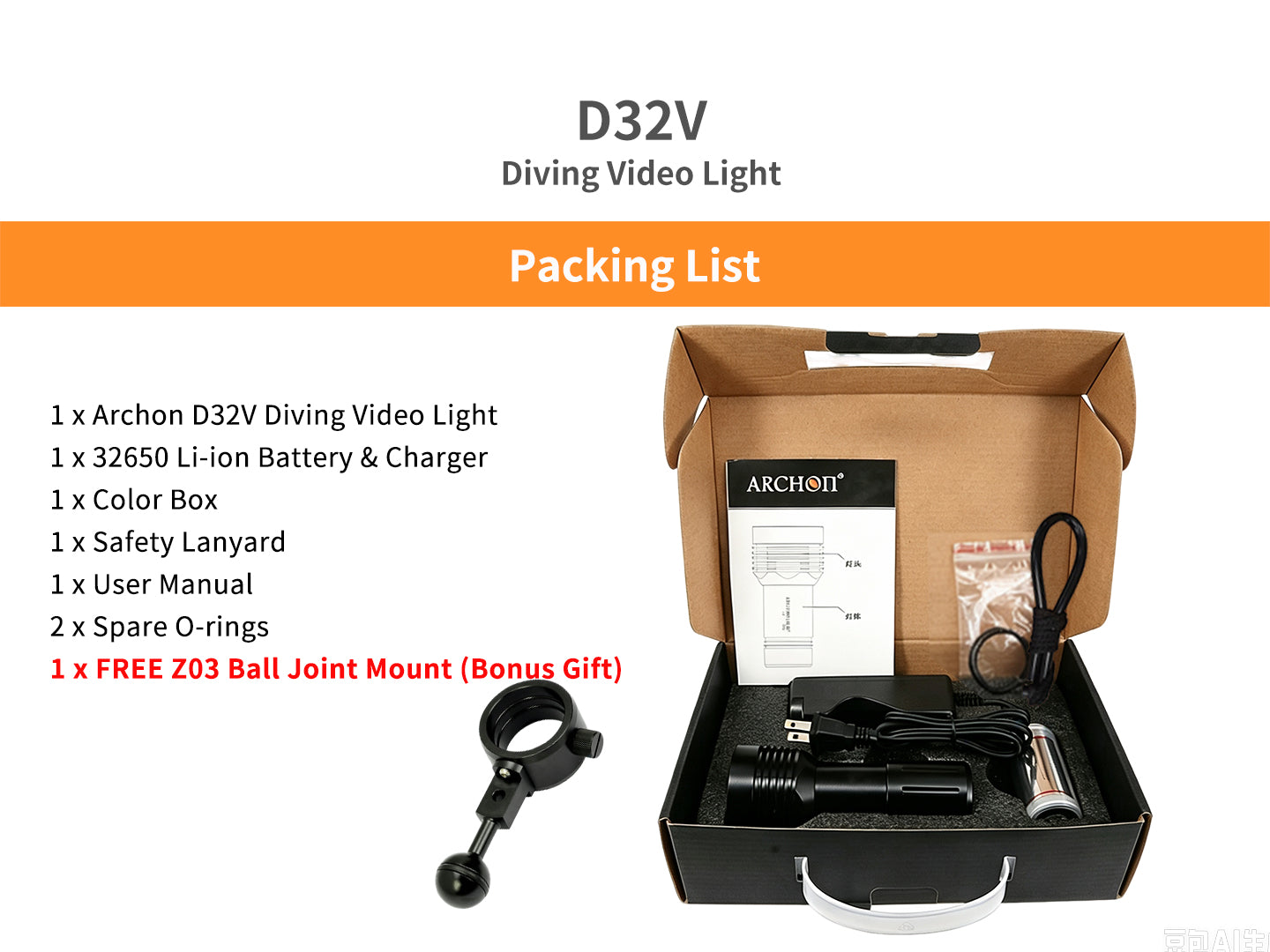 Archon D32V Diving Video Light | White & Red Lights - 1,400 LM