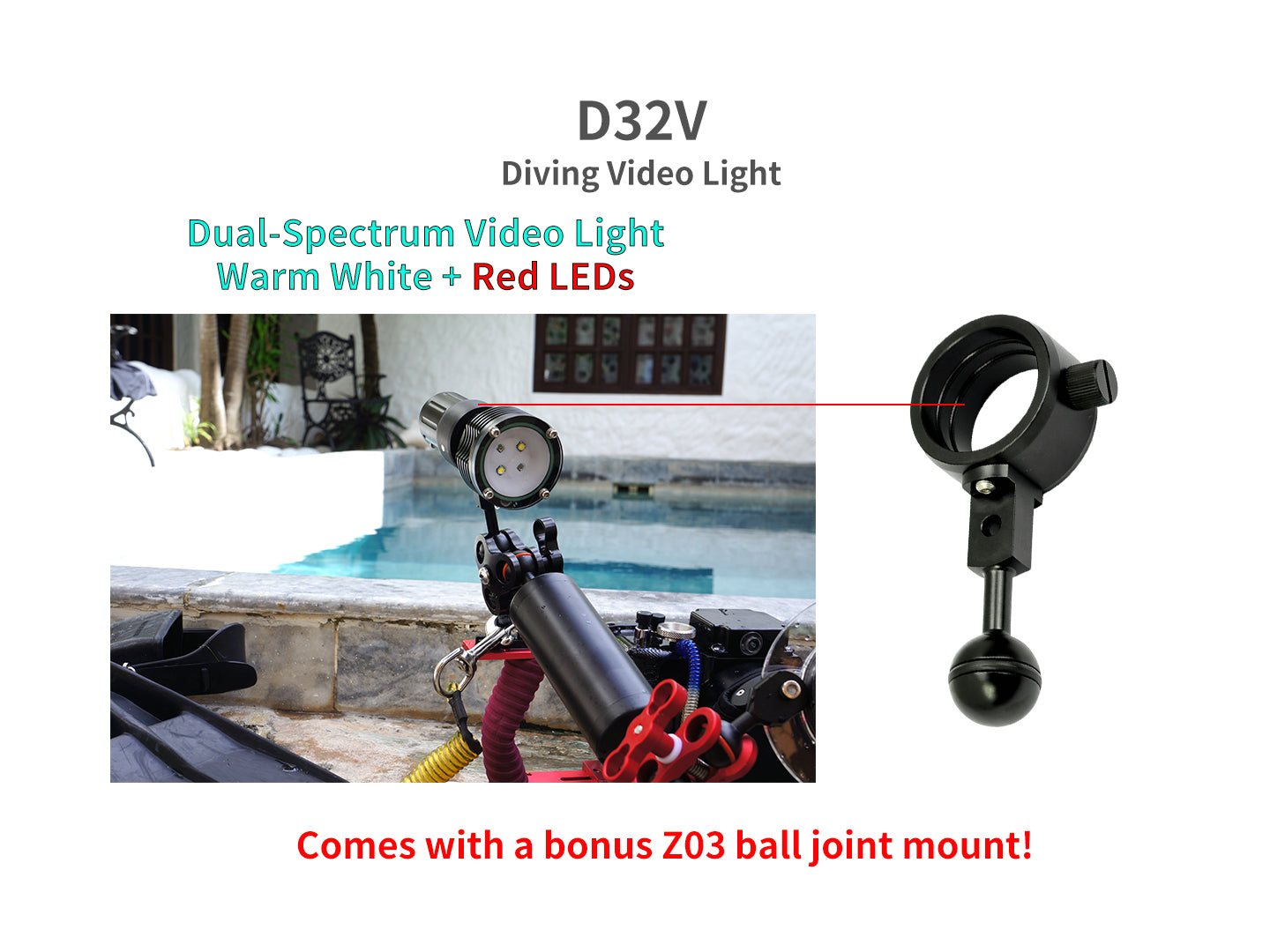 Archon D32V Diving Video Light | White & Red Lights - 1,400 LM