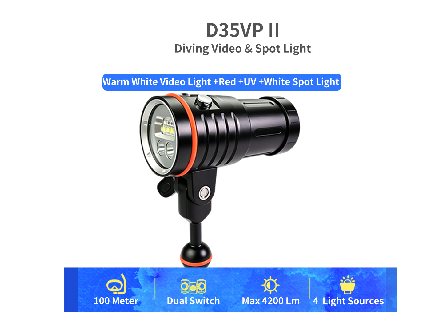 Archon D35VP II Diving Light | White, Red & UV Video Flashlight - 4,200 LM