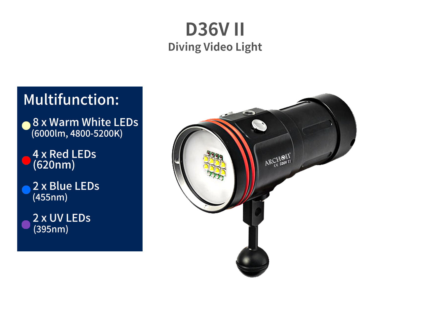 Archon D36V II Diving Video Light | White, UV, Red & Blue Lights - 6,000 LM