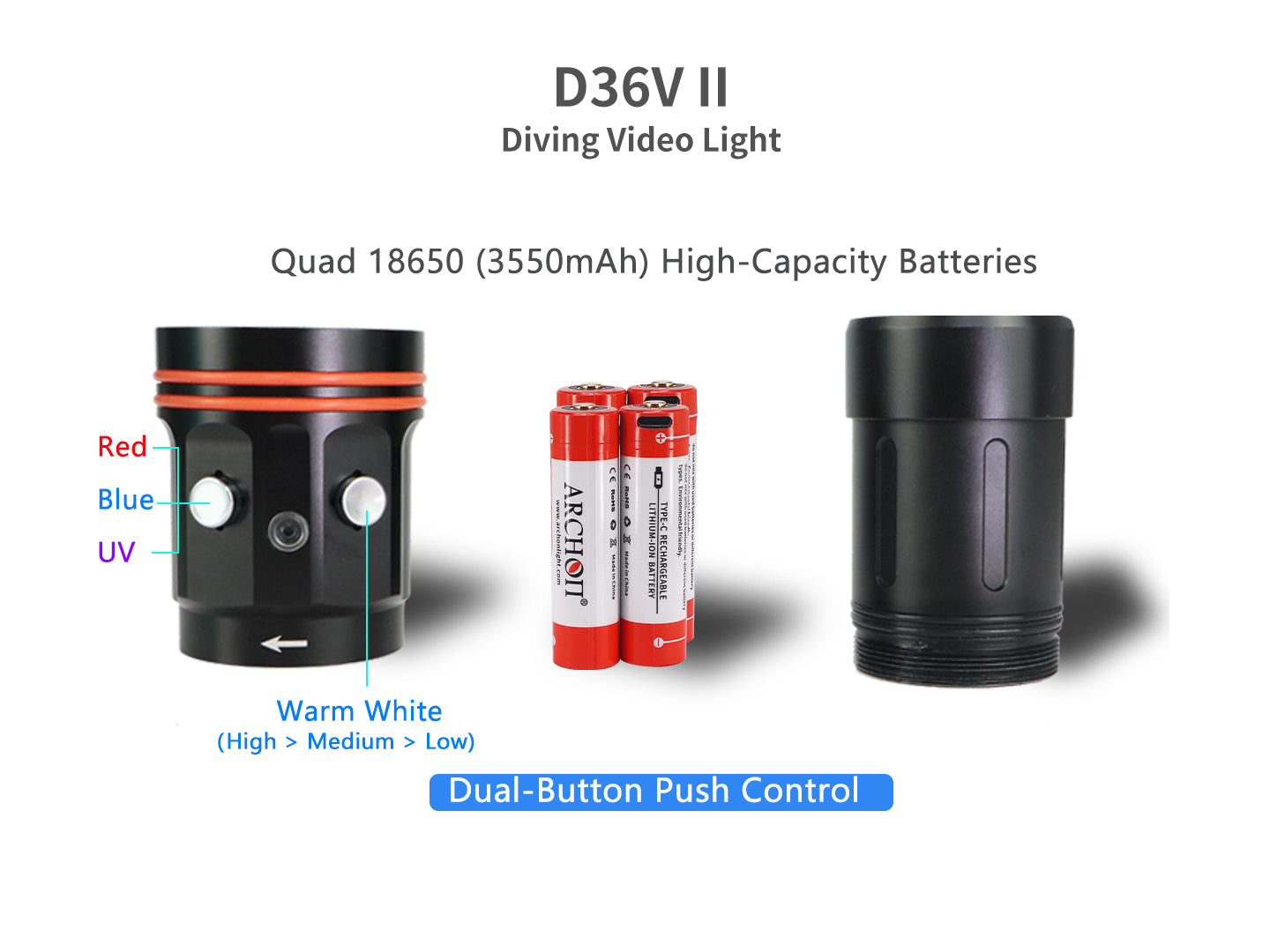 Archon D36V II Diving Video Light | White, UV, Red & Blue Lights - 6,000 LM