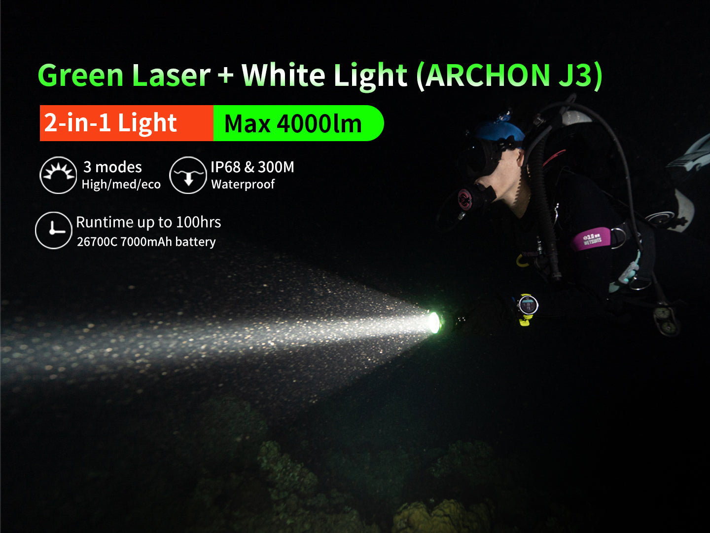 Archon J3 Diving Flashlight | White & Green Laser Lights - 4,000 LM