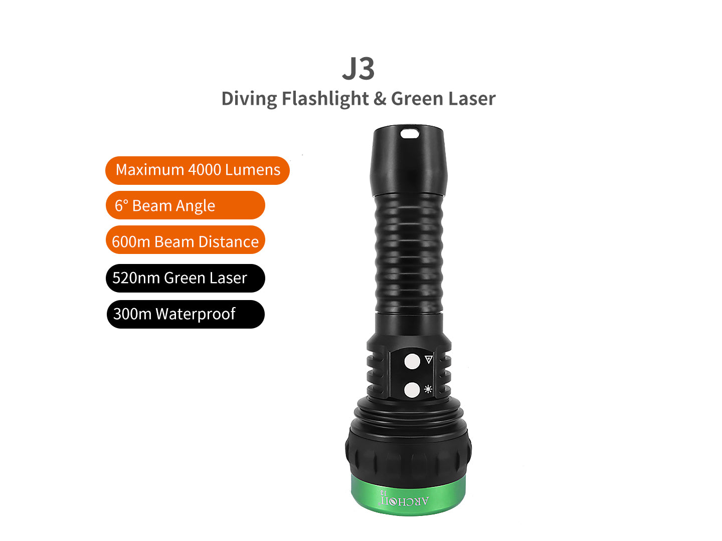 Archon J3 Diving Flashlight | White & Green Laser Lights - 4,000 LM