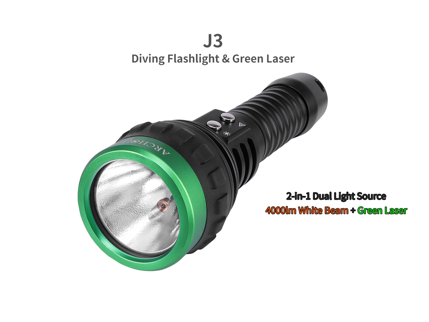 Archon J3 Diving Flashlight | White & Green Laser Lights - 4,000 LM