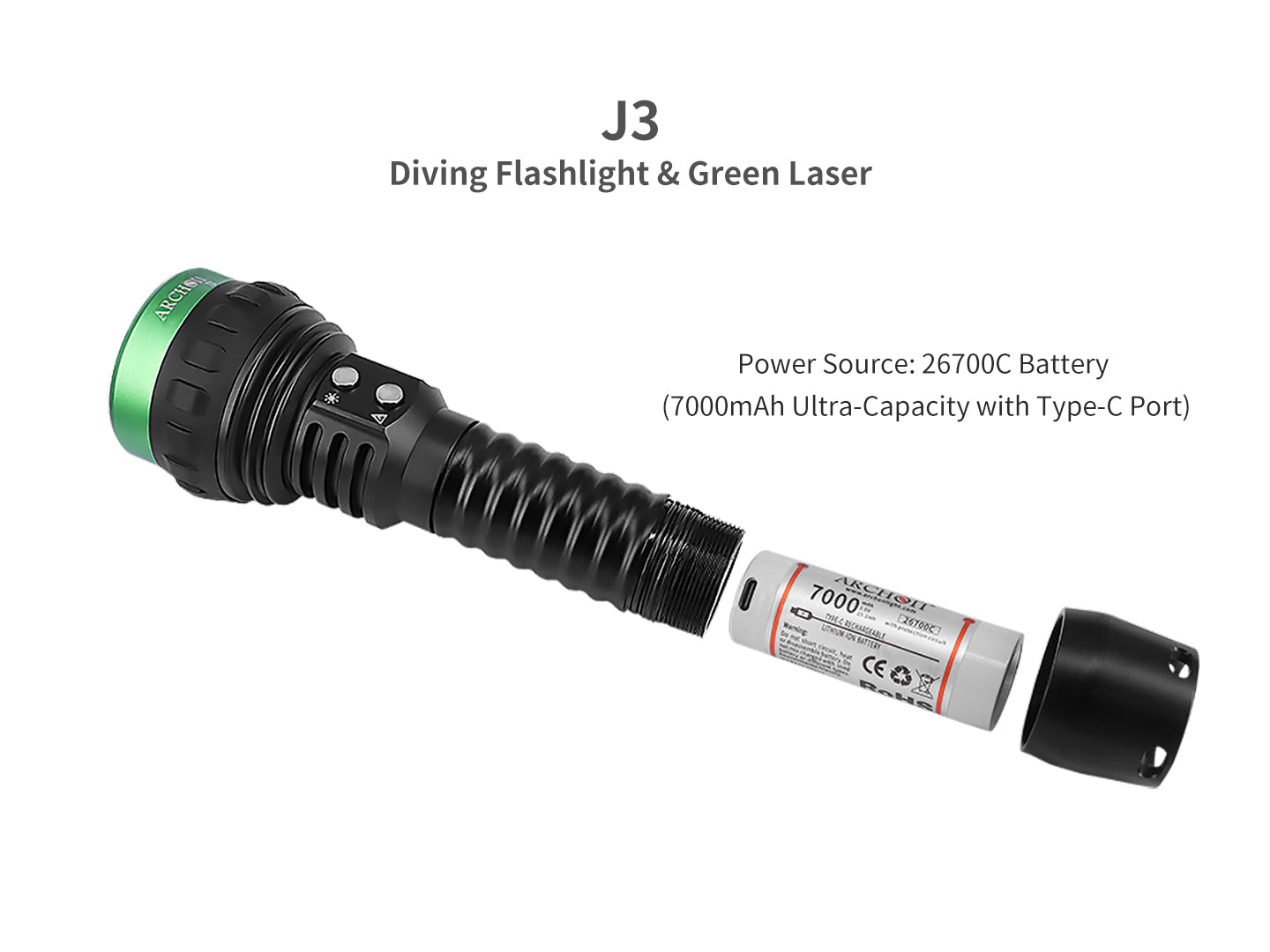 Archon J3 Diving Flashlight | White & Green Laser Lights - 4,000 LM