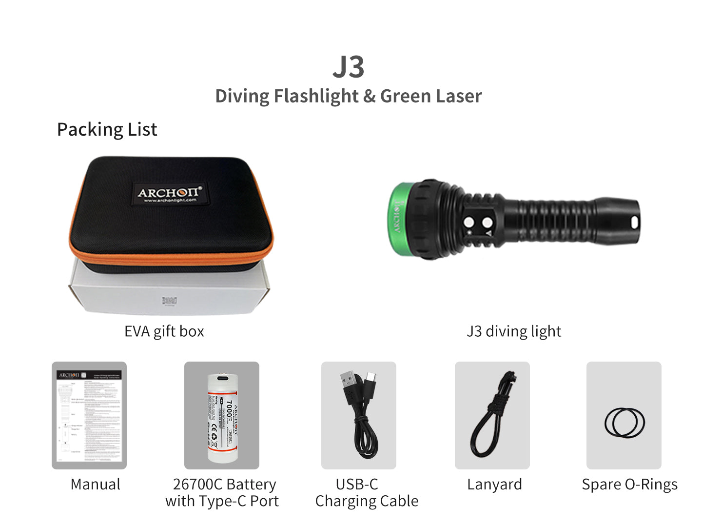 Archon J3 Diving Flashlight | White & Green Laser Lights - 4,000 LM