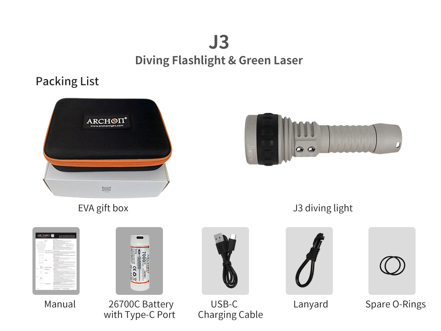 Archon J3 Diving Flashlight | White & Green Laser Lights - 4,000 LM